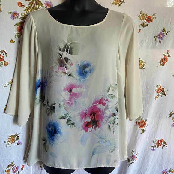 Rose & Olive Cream Floral Blouse with watercolor Inspired Floral Print 1X Artsy - Picture 1 of 9